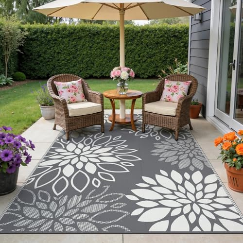 SHACOS Tappeto da Esterno Impermeabile Reversibile, Tappeti Esterno Grande Plastica Leggera, Resistente Ai Raggi UV Tappeto Giardino per Campeggio Camper, Fiori Grigio, 180 X 270 cm