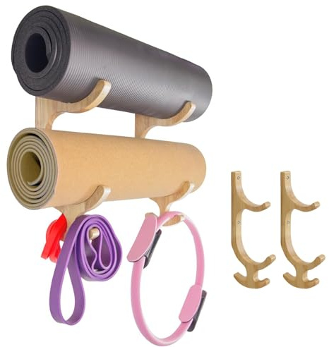 Soporte De Pared Para Esterilla De Yoga – Soporte Resistente De 41 X 25 Cm, Estante Multifuncional De Madera, Organizador De Pared Con 4 Ganchos Para Esterillas, Bandas De Resistencia, Cuerdas Para Sa