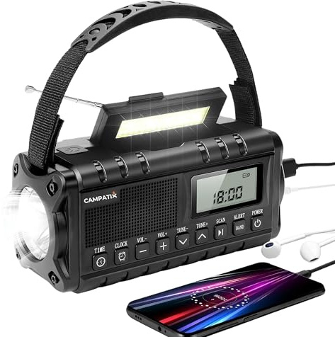CAMPATIX Kurbelradio mit Solar & Handkurbel, Notfallradio mit 20.000 mAh Powerbank, Outdoor, Camping & Survival, AM/FM Radio mit LCD-Display, USB-C Laden, Taschenlampe, LED-Leselicht, SOS-Alarm