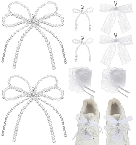 Ouligay 8 PCS Pearl Lace Bow Shoe Charms for Sneakers Elegant Buckle Shoe Jewelry Aesthetic Shoelace Charms For Women Coquette Shoe Lace Charm Keychain Bag Car Charm