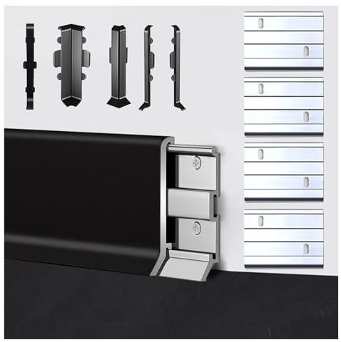Sockellister i aluminium - 49 1/5 tums sömlösa väggbasskydd for kök, badrum, kontor och mer(Black,6cm)