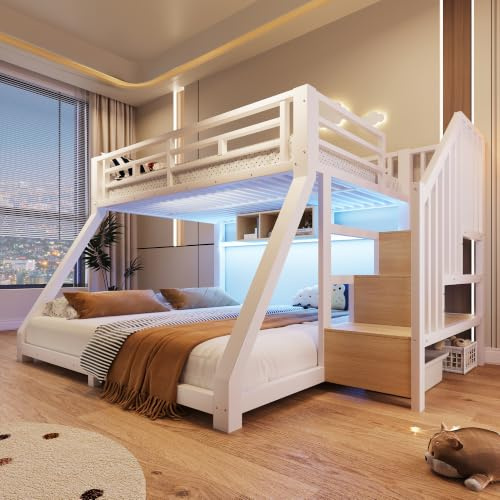 Lit superposé avec LED 90x200 +140x200cm,lit Mezzanine 2 Places, Lit Superposé 3 Places pour bébés avec 3 compartiments de rangement, escalier design avec espace de rangement, mains courantes, marche