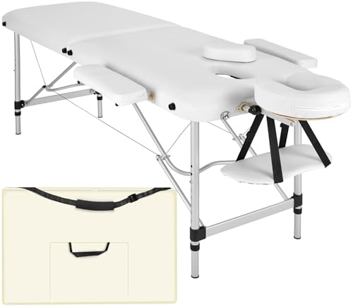 tectake® Lettino Massaggio 2 Zone, Portatile, Regolabile, Imbottitura Comfort, Poggiatesta Multifunzione, con Borsa per Trasporto Inclusa, Capacità 230 kg - Bianco