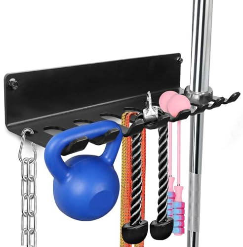 BRTGYM Gym Rack Organizer, Home Gym Accessories Hanger, Wall Mount Hooks for Olympic Barbells, Row Handles, Bats or Tools (E-Book Instruction Included)