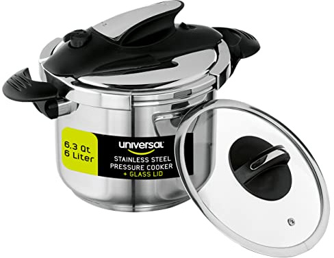 Universal (6.3 Quart / 6 Liter) Stainless Steel Easy Use Pressure Cooker + Extra Glass Lid, Induction Compatible, Pressure Cooker & Multipurpose Pot, 7 servings