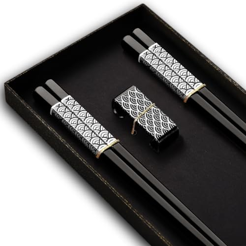 TIICOO Metall-Essstäbchen Wiederverwendbar 2 Paar Titan-Edelstahl-Essstäbchen mit Halter, Spülmaschinenfest Leichte Essstäbchen im Japanischen Stil Geschenkset (Schwarz)