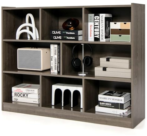 COSTWAY Bücherregal mit 8 Fächern, Standregal, Aufbewahrungregal für Wohnzimmer, Schlafzimmer, Arbeitszimmer, Büro, grau, 122 x 32 x 93 cm