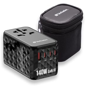 Verbatim GaN Universal Reiseadapter UTA‑10 140 W, Steckdosenadapter mit 1 USB‑A und 3 USB-C Anschlüssen, Schnellladegerät für Laptop, iPhone 17/16, Kamera, Reisestecker weltweit einsetzbar, 100–250 V
