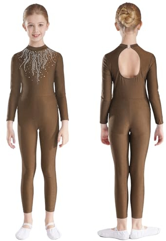 Kaerm Leotard for Girls Gymnastics Dance Outfit Full Body Unitard Skating Jumpsuit Costume Catsuit Brown 9-10 Years
