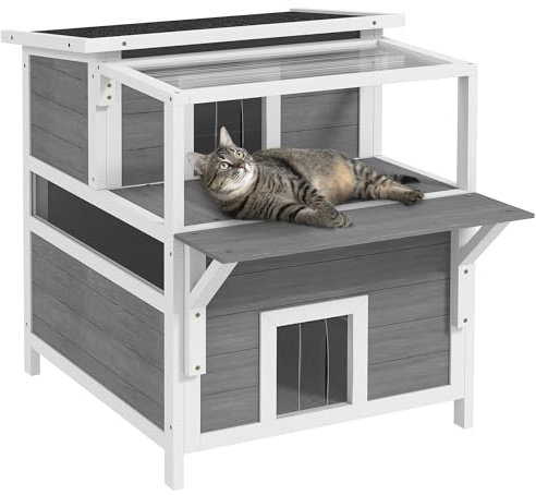 PawHut Maison pour Chat Extérieur à 2 Étages Balcon 64 x 87 x 76 cm Gris