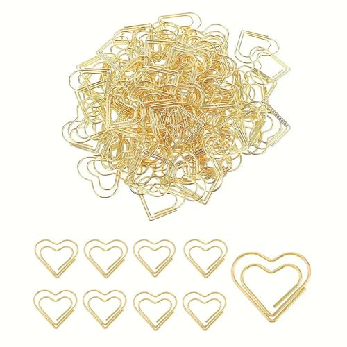 50 Pcs Gold Paper Heart Clip, Stainless Steel Metal Mini Heart Paper Clips for Document Note Organizing Wedding Decorative Crafts Office School Supplies