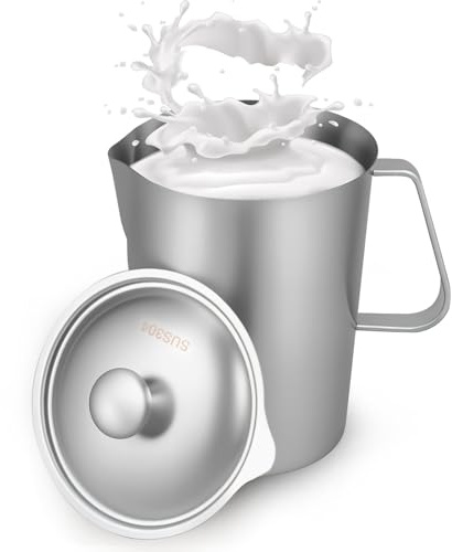 BAODBF 2 l mjölkkanna rostfritt stål, handhållen mjölkskumkanna, mjölkskummande kanna med lock och markering, lätt att rengöra, mjölkkanna barista för mjölkkanna barista cappuccino espresso, silver (1