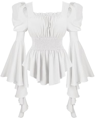 Grebrafan Women Renaissance Shirt Trumpet Sleeve Off Shoulder Peasant Blouse Pirate Tops (UK(8-10) M, White)