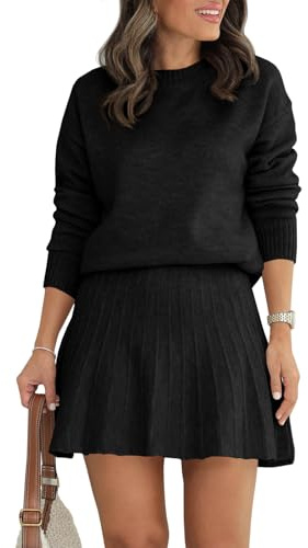 Tankaneo Womens Skirt 2 Piece Sweater Set Long Sleeve Crewneck Sweaters Pleated Mini Skirt Knit Lounge Sets