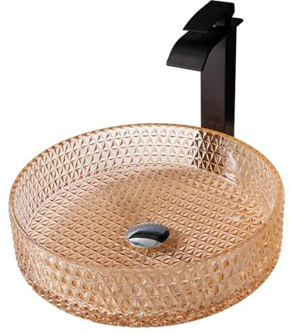 Lavandino da appoggio per Bagno, lavabo in Vetro temperato Artistico da 15, lavabo Rotondo Arancione da appoggio con Rubinetto a Cascata ne