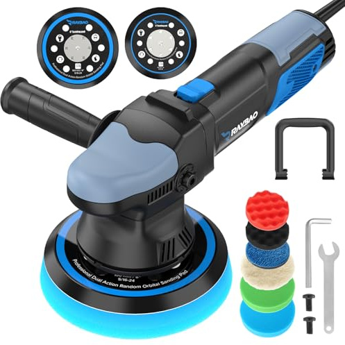 Poliermaschine Auto, RAYBAO 900W Poliermaschine Set mit 6 Geschwindigkeit 2000–6400 U/min, Exzenter Poliermaschine 9mm Exzentrizität, 125mm 150mm Stützteller Poliermaschinen für Autopflege