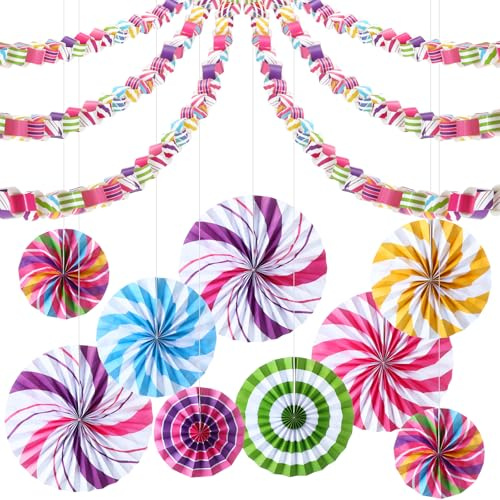 Outus 609 Pcs Candyland Party Decorations - 600 Candy Paper Chains Strips 9 Candy Paper Fans 3D Lollipop Garlands Decor Bulk for Candyland Theme Birthday Baby Shower Party Decorations Crafts Supplies