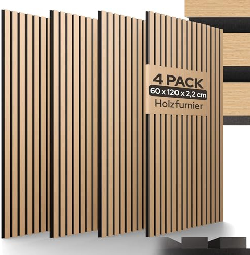 Arebos Paneles acústicos de 120 x 60 cm | pared de láminas en aspecto de madera para pared y techo | moderno panel de pared con alta absorción de sonido | fácil montaje y corte | Juego de 4 unidades