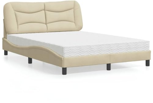 LoogCape Hvar Säng med madrass, gräddvit 140 x 190 cm, tygöverdrag, vågforms-design, sovrumsmöbler, furu, komfortskummadrass H2/H3