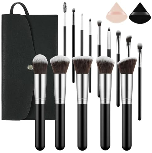 LOPHE Brochas de Maquillaje Profesional, Set 14+3 Piezas Brocha Maquillaje, Pinceles Sintéticos para Cara y Ojos, Cerdas Suaves, Kit Brochas con 2 Soplos de Polvo y Bolsa de Viaje (Negro Plata)