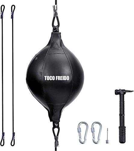 TOCO FREIDO PU Leather Boxing Ball, MMA Double End Punching Ball for Speed and Coordination Gym MMA Boxing Sports Punch Bag with Floor to Ceiling Rope Workout Training Gym Exercise Agility