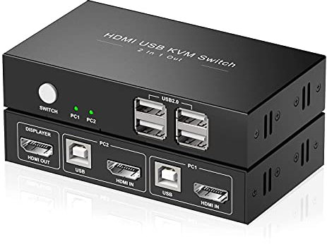 Rybozen 4K HDMI KVM Switch, KVM Switches 2 PC 1 Monitor Switcher, Ultra HD, 2 Port Displayport Switch with 4 USB Hubs Support Wireless Keyboard and Mouse, with USB Cables*2, HDMI Cables*2