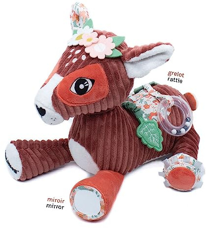 LES DÉGLINGOS Peluche d'activités Bébé, Mélimélos la Biche, Tissu Ultra Doux, Jouets d'Éveil Puériculture, Doudou Sonore et Tactile, Convient Dès la Naissance, Rembourrage Recyclé Taille Unique