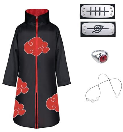 ACWOO Akatsuki Mantel für Kinder Erwachsener, Unisex Cosplay Anime Kostüm Itachi Mantel Cosplay Halloween Weihnachten Party Kostüm Umhang, mit Stirnband und Ring