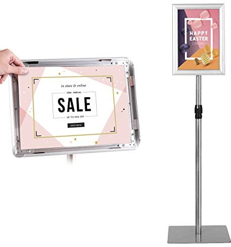 GYMAX A4 Stand Poster Menù, Supporto per Informazioni, Espositore da Terra, Altezza Regolabile, Pannello Girevole, Porta Pubblicità per Negozio, Ristorante e Bar, in Acciaio INOX (Argento)