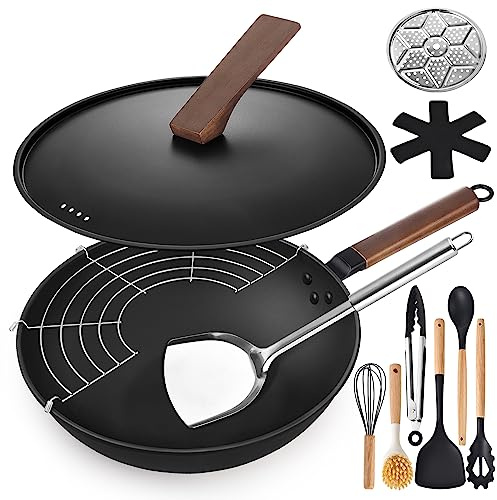 AOSION 13'' Carbon Steel Wok, 12 Piece Wok Pan & Stir-Fry Pans Set with Lid & Cookwares, No Chemical Coated Flat Bottom Chinese Wok Pan for Induction, Electric, Gas, Halogen, All Stoves
