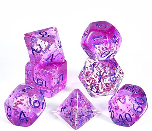 FLASHOWL Juego de dados de cinta de cristal (7 piezas de hexaedro acrílico morado D4-D20) para D&D, MTG, juegos de mesa