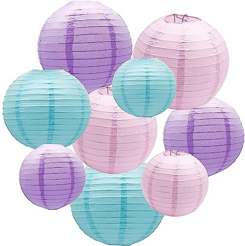 Papperslykta dekoration, flerfärgade boll lykta lampor, lämplig för hem, bröllop, baby födelsedagsfest - set med 9 (ljusrosa, blå, lila)