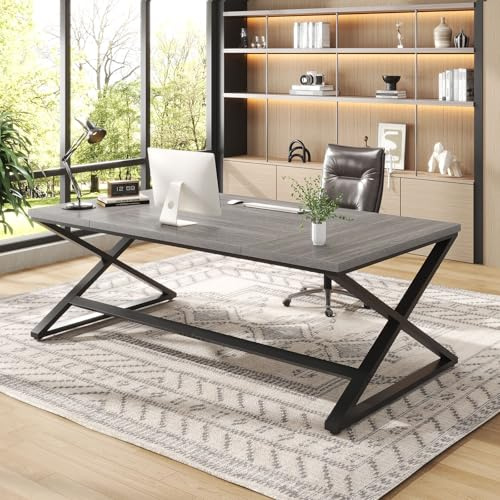 IBF Large Home Office Computer Desk, Industrial Long Work Study Writing Desk, Simple Executive Conference Table for 2 Person, Wood Metal Double Pc Gaming Workstation in Bedroom, Light Grey Oak, 70 in