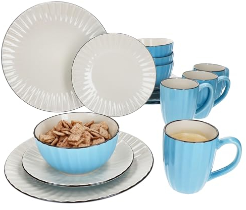 Mäser OSITA Hellblau-Weiß 16tlg Kombiservice für 4 Personen I blau & cremefarbenes Steingut-Geschirrset mit je 4x Kaffeebechern 300ml, Schalen 450ml, Kuchenteller & Speiseteller I mit Relief