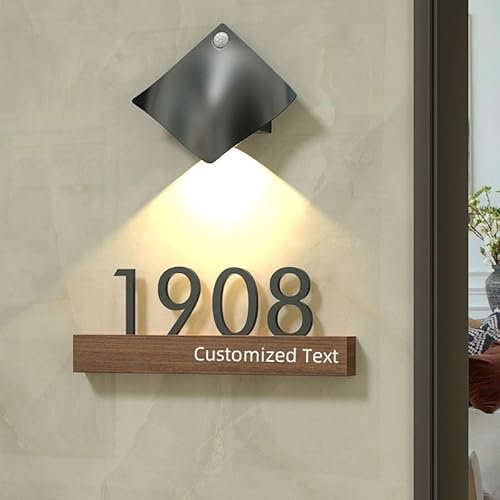 Números de casa personalizados, dirección de casa creativa con luz y base de madera, texto de personalización para hotel, residencial, hogar, número de casa, dormitorio, letrero digital de número de