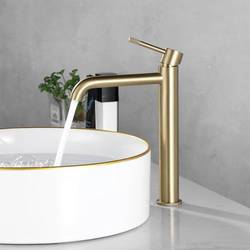 PHASAT Grifo para Lavabo de Baño Oro Cepillado Alto, Mezclador Monomando de Acero Inoxidable 304, Grifos Monomando de Lavabo, Agua Fria y Caliente Disponible PTMP21G