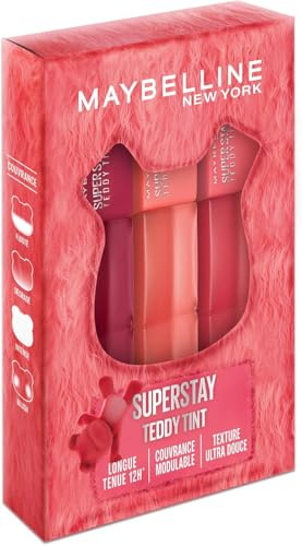 Maybelline New York - Coffret Superstay Teddy Tint - 3 Blush à Lèvres Teddy Tint - Effet Mat Fondu - Tenue Longue Durée - Teintes : Baby Tee, Petalcore, Wild at Heart
