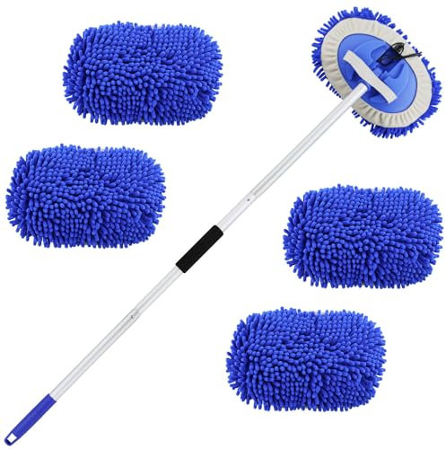 Spazzola per lavaggio auto, 160 cm, con manico telescopico, per camper, auto, set di pulizia in microfibra, set 2 in 1, spazzola telescopica anti-graffio, ricambio (3 testine mopp)