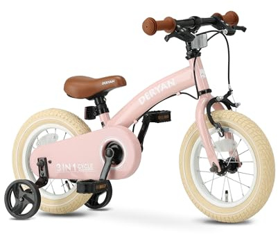 Deryan Bicicletta per bambini di lusso 12 pollici | Bicicletta senza pedali 3 in 1 | Bicicletta con sella e manubrio regolabili | Bicicletta per bambini per maschietti e femminucce | Rosa
