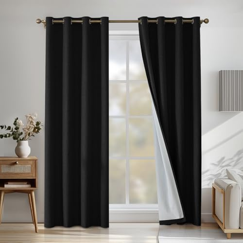 CYCMACO 100% Cortinas Opacas 2 Piezas, 140x300cm, Cortina Opaca Termica Aislante, Lino Cortinas Acusticas Antiruido, Cortina Salon Modernas con Ojales, para Habitacion Comedor, Negro