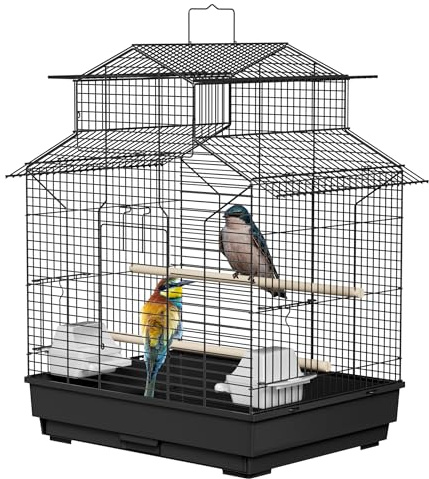 UISEBRT Vogelkäfig mit Holzstangen und Futternäpfe - Großer Vogelhaus Vogelvoliere Metall Vogelbauer Käfig Vogel für Finken Kanarienvögel Wellensittiche Schwarz (Typ C, 46x36x62cm)