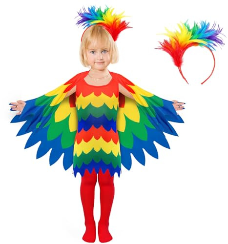Barn papegoja kostym 4 stycken, papegoja djur cosplay kostym med klänning hårband vingar strumpor, papegoja flicka fin klänning outfit för halloween karneval cosplay djur fest