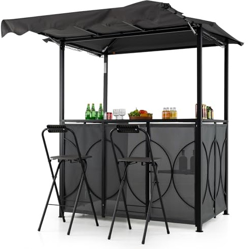 GOPLUS Gazebo para Barbacoa, Pabellón de Jardín con Toldo Lateral, Mesa de Bar, 2 Taburetes Plegables, Estantes de Malla Metálica, Gancho y 4 Filas de Portavasos, Carpa con Techo Doble (Gris)