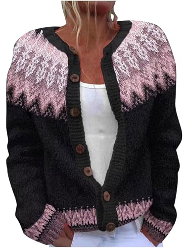 Generisch Strickjacke Damen Winter Strickjacke Aus Wolle Für Damen Oversize Mit Knöpfen Warm Und Bunt Kuschelige Jacke Dicke Und Warme Wolljacken Ethno-Jacquard Strickpullover Vintage Für Urlaub