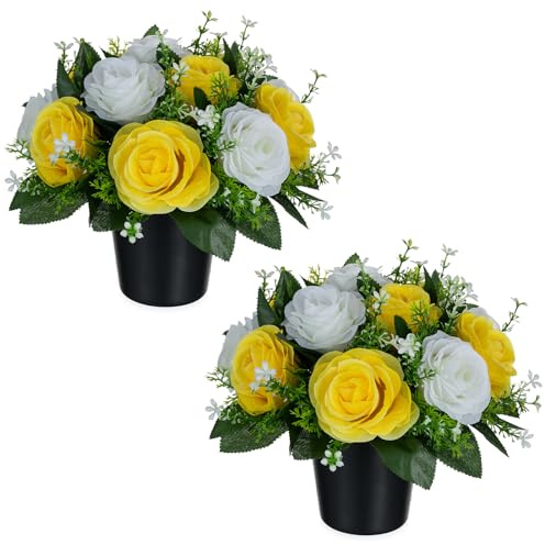 BLOSMON Fiori Finti con Cimitero Vaso: 2 Pezzi Giallo Bianco Rose Artificiali in Vasi per Cimiteri Lapidi Esterno Decorazioni - Rosa Finte Mazzo Fiori di Seta Lapide Tomba Addobbi