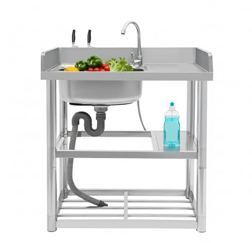 Spültisch Freistehend – 80×50cm Edelstahl Spültisch mit Wasserhahn, Gartenschlauch-Anschluss, mobiler Spültisch für Outdoorküche,Gastro und Camping, freistehende Küchenspüle, für Wäsche Hinterhof