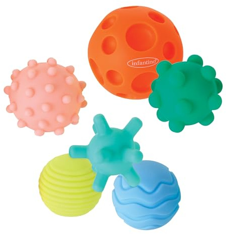 INFANTINO Ensemble de 6 Balles Texturées pour Bébés et Tout-Petits, Jouets Sensoriels, Motricité, Couleurs et Formes Multiples, sans BPA, à partir de 6 Mois