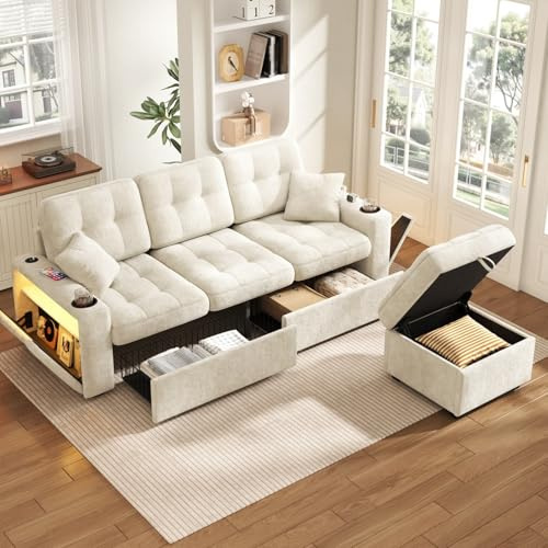 KOMHTOM Canapé d'angle en Chenille, Canapé en L 3 Places avec Port USB-C et 2 Tiroirs de Rangement, Tabouret Inclus, Accoudoirs LED, Coussins, pour Salon (Beige, C)