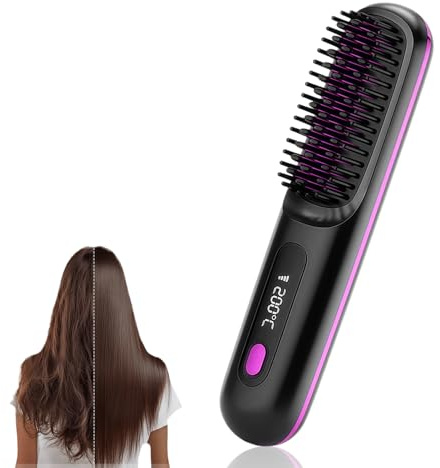 WENJION Cordless Straightener Brush, USB Rechargeable for All Hair | 3 adjustable heat settings for all hair types & beards Auto shut-off & USB charging for travel and daily use.