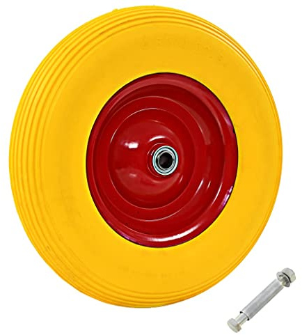 Mangloder skottkärrhjul med axel 390 mm tillverkad av slitstark PU elastomer och metallfälg, universell storlek för tung belastning på ojämna golv, robust transporthjul med 160 kg